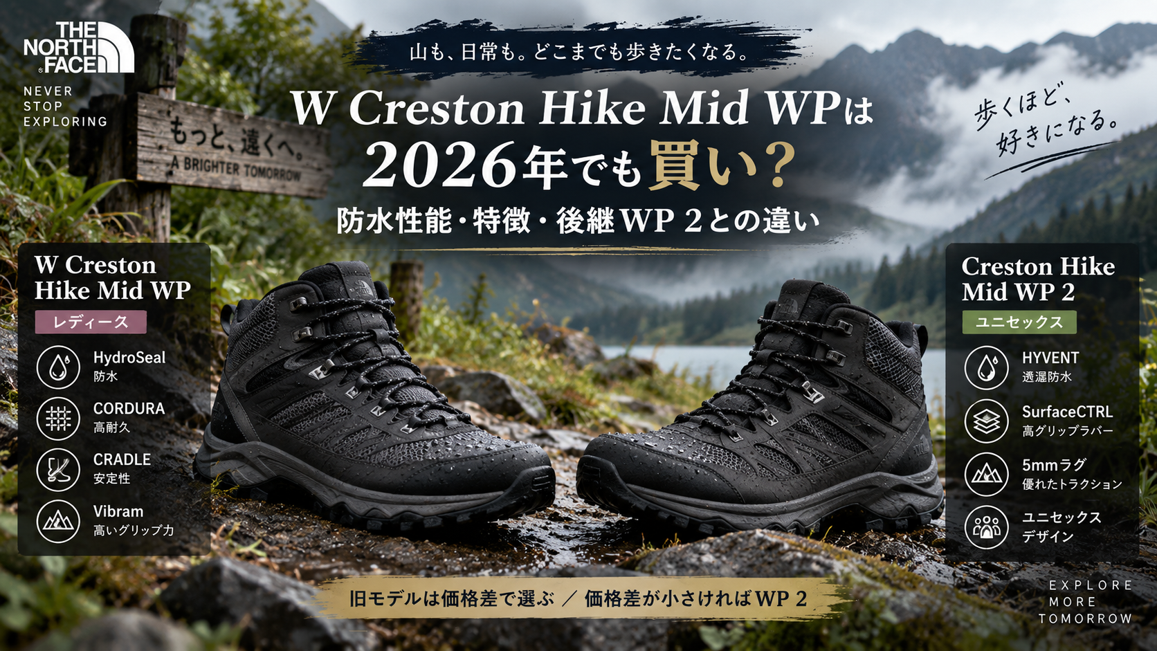 THE NORTH FACE W Creston Hike Mid WPの防水性能と後継Creston Hike Mid WP 2との違いを解説する2026年版ガイド