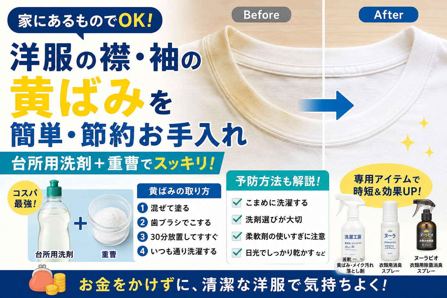 洋服の襟・袖の黄ばみを自宅で落とす方法｜重曹と台所用洗剤で節約お手入れ